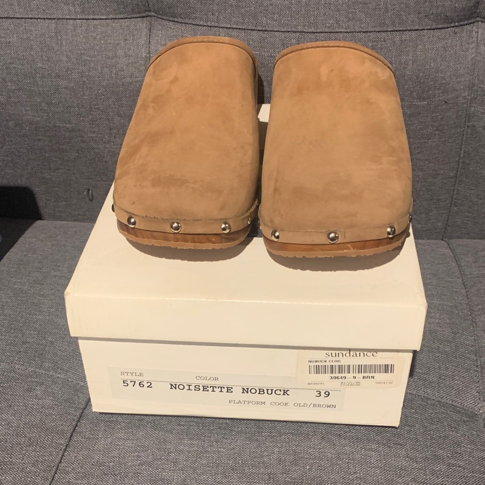 Sundance Noisette Nubuck Clogs with Metal Details